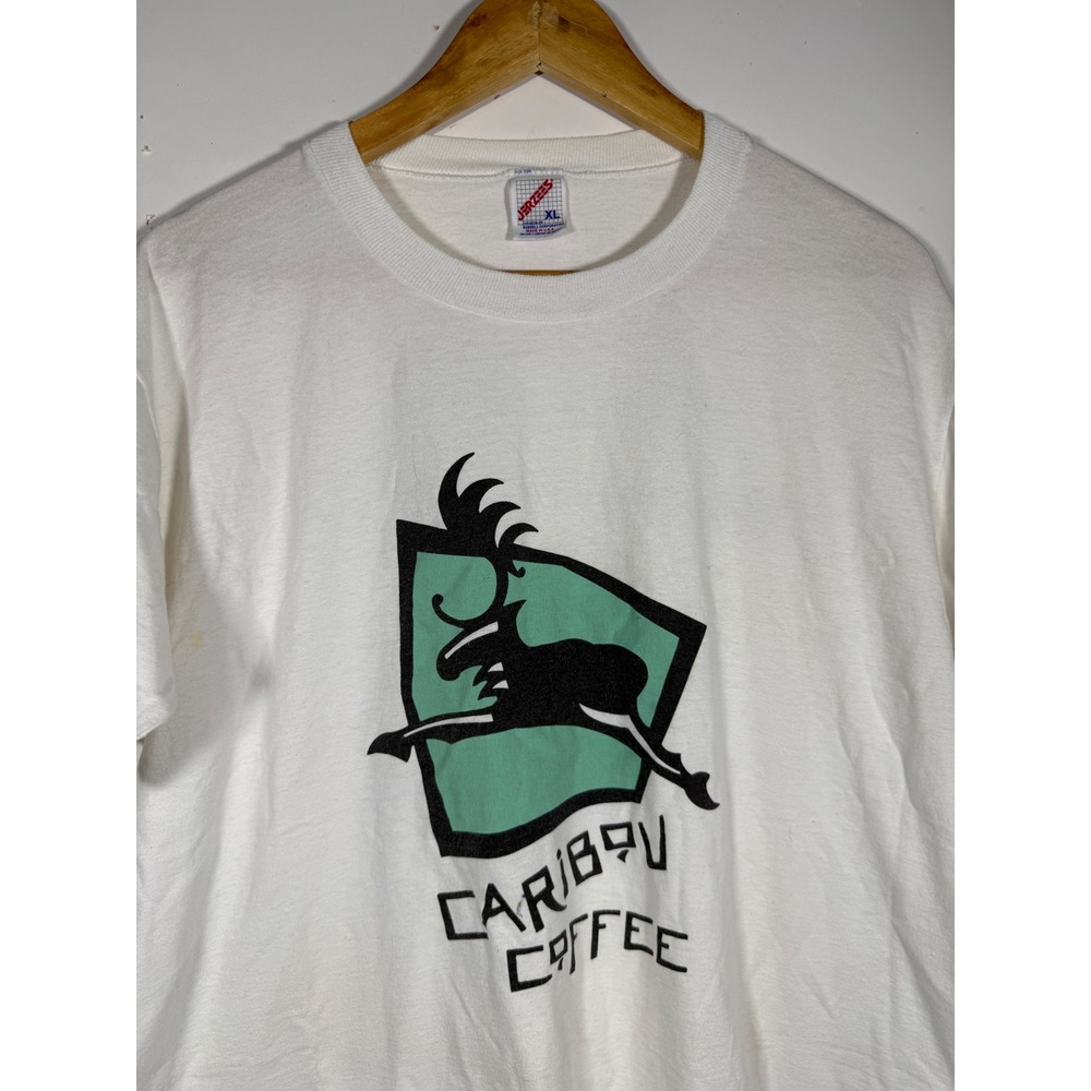 Vintage Jerzees Caribou Coffee Graphic T-Shirt White XL Made in USA SingleStitch